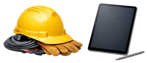 Ein gelber Baustellenhelm mit Kabeln und Handschuhen und daneben ein Tablet mit Stift